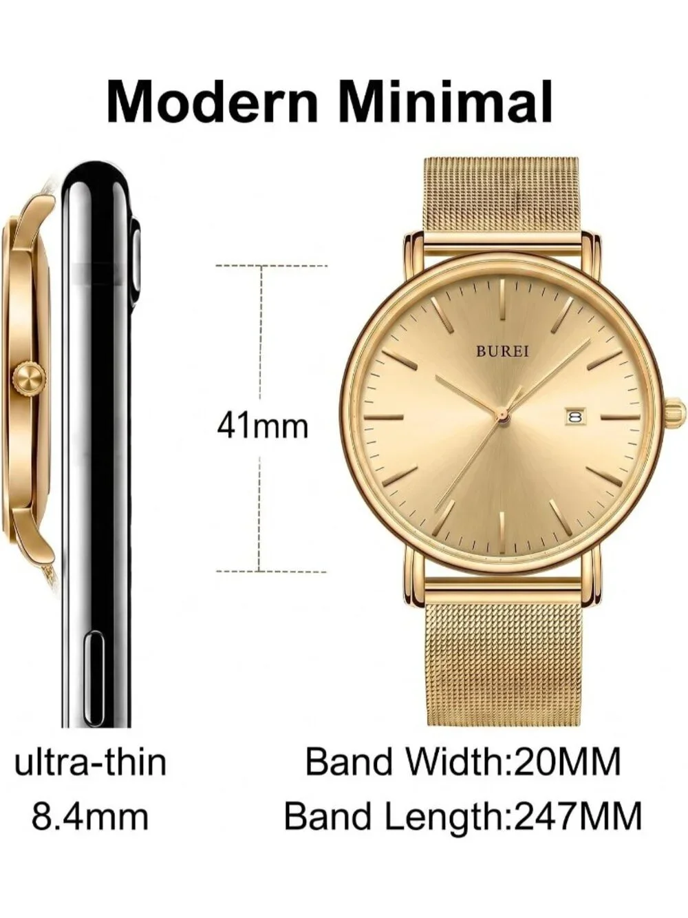 Men's Gold Stainless Steel Mesh Band Minimalist Analog Waterproof Wrist Watch